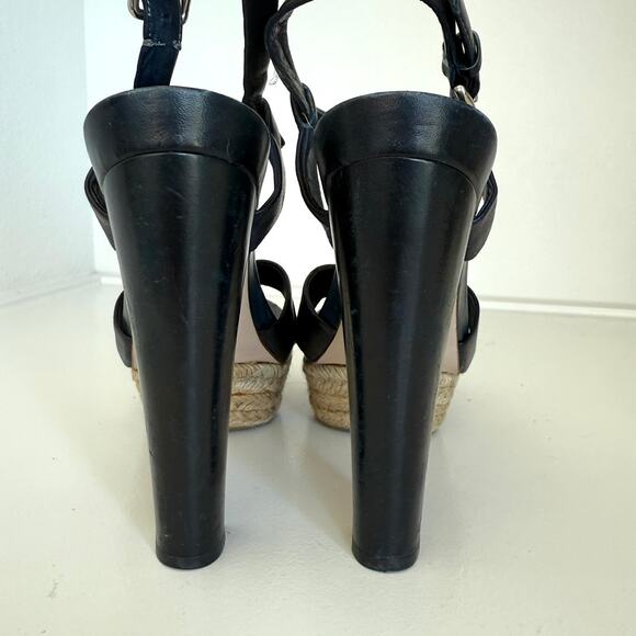 Miu Miu Platform Espadrille Sandals Navy Leather Strappy Heels Size 38 Italy - Picture 3 of 13